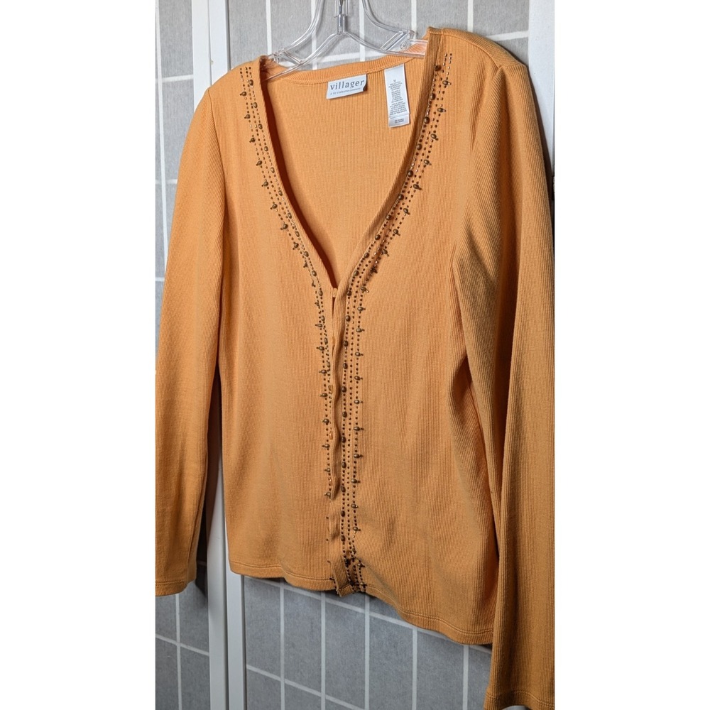 Villager Liz Claiborne Women's Cardigan Medium Mustard Gold Beaded‎ Long Sleeve - Picture 2 of 8